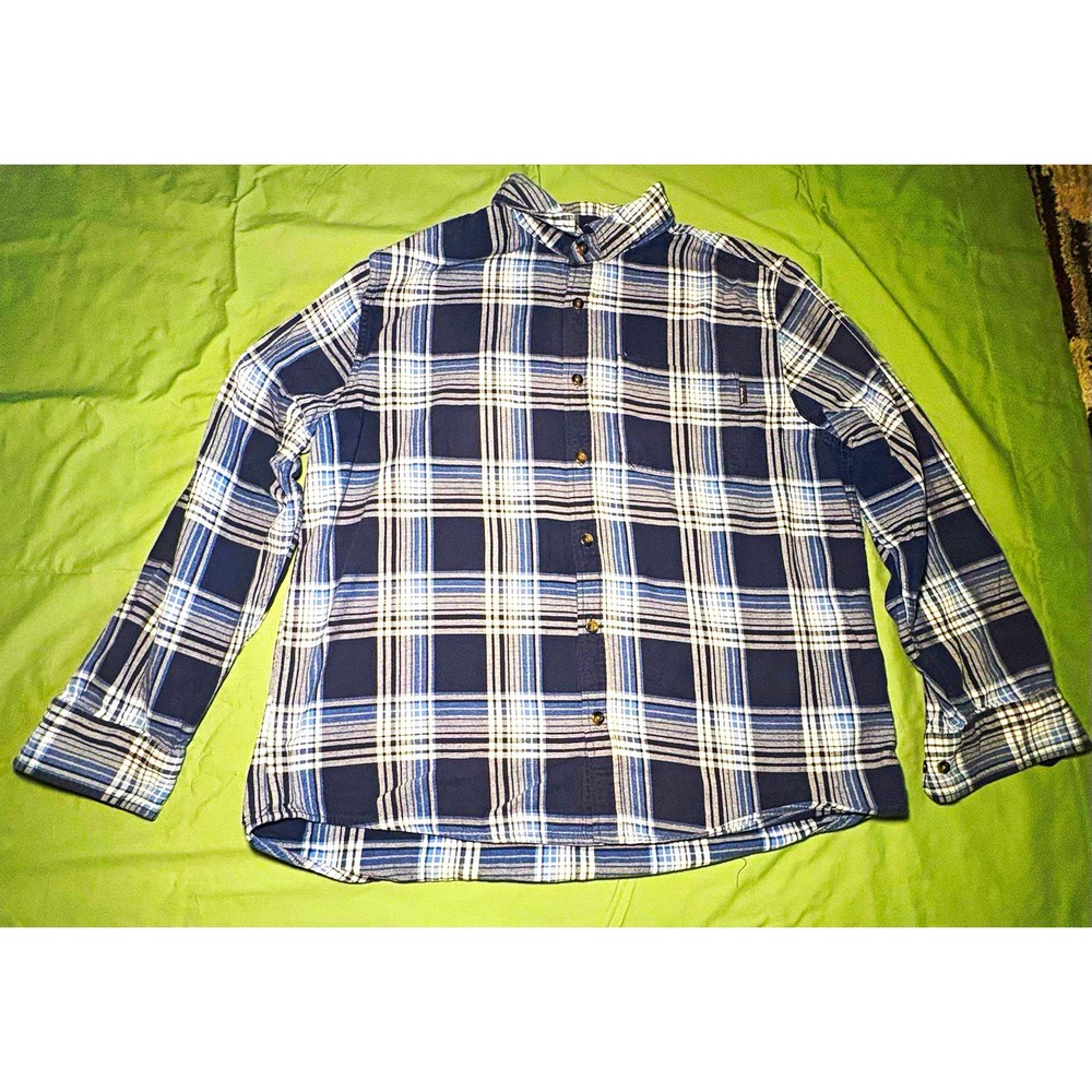Eddie Bauer Mens XL Blue White Plaid Flannel Cotton Button-Up Shirt Pockets